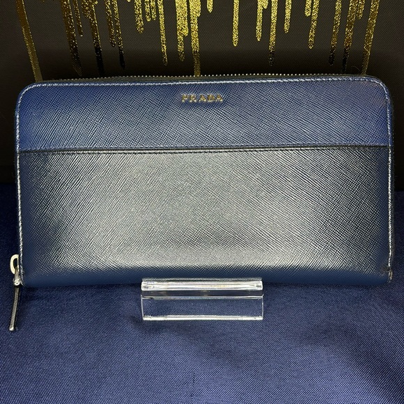 PRADA | Bi Color Saffiano Leather Long Zippy Wallet in Blue - Picture 2 of 11